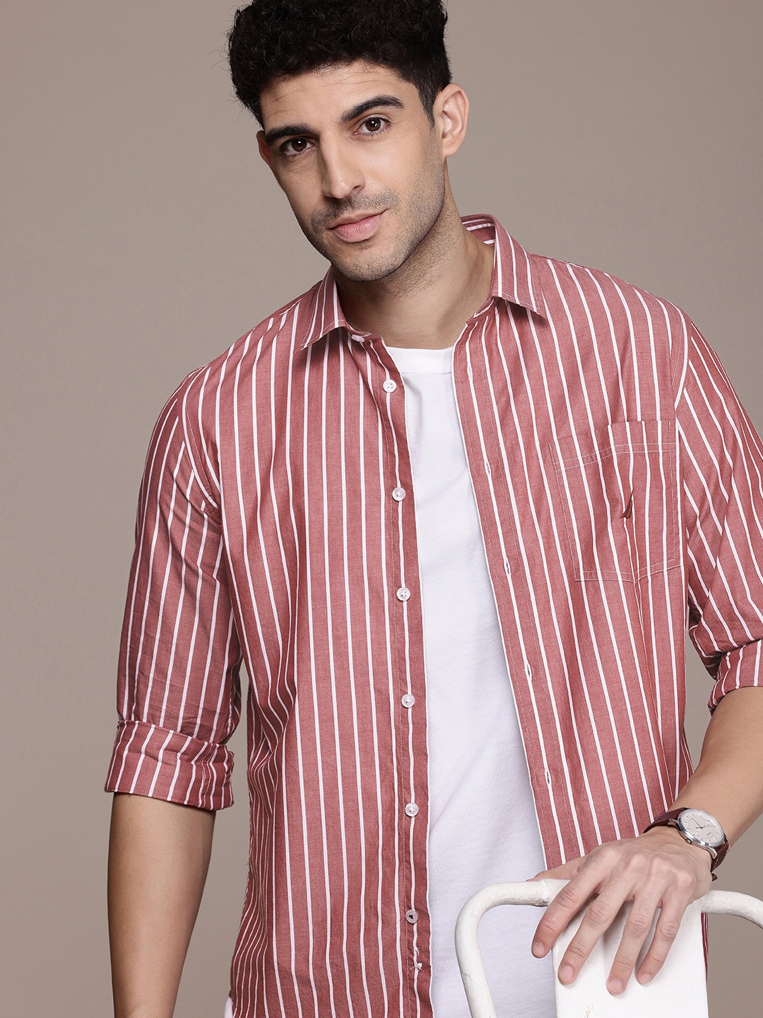 

Nautica Men Smart Slim Fit Striped Pure Cotton Casual Shirt, Red