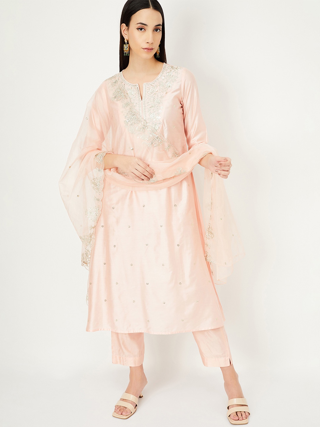 

max Floral Embroidered Thread Work A-Line Kurta with Trousers & Dupatta, Pink