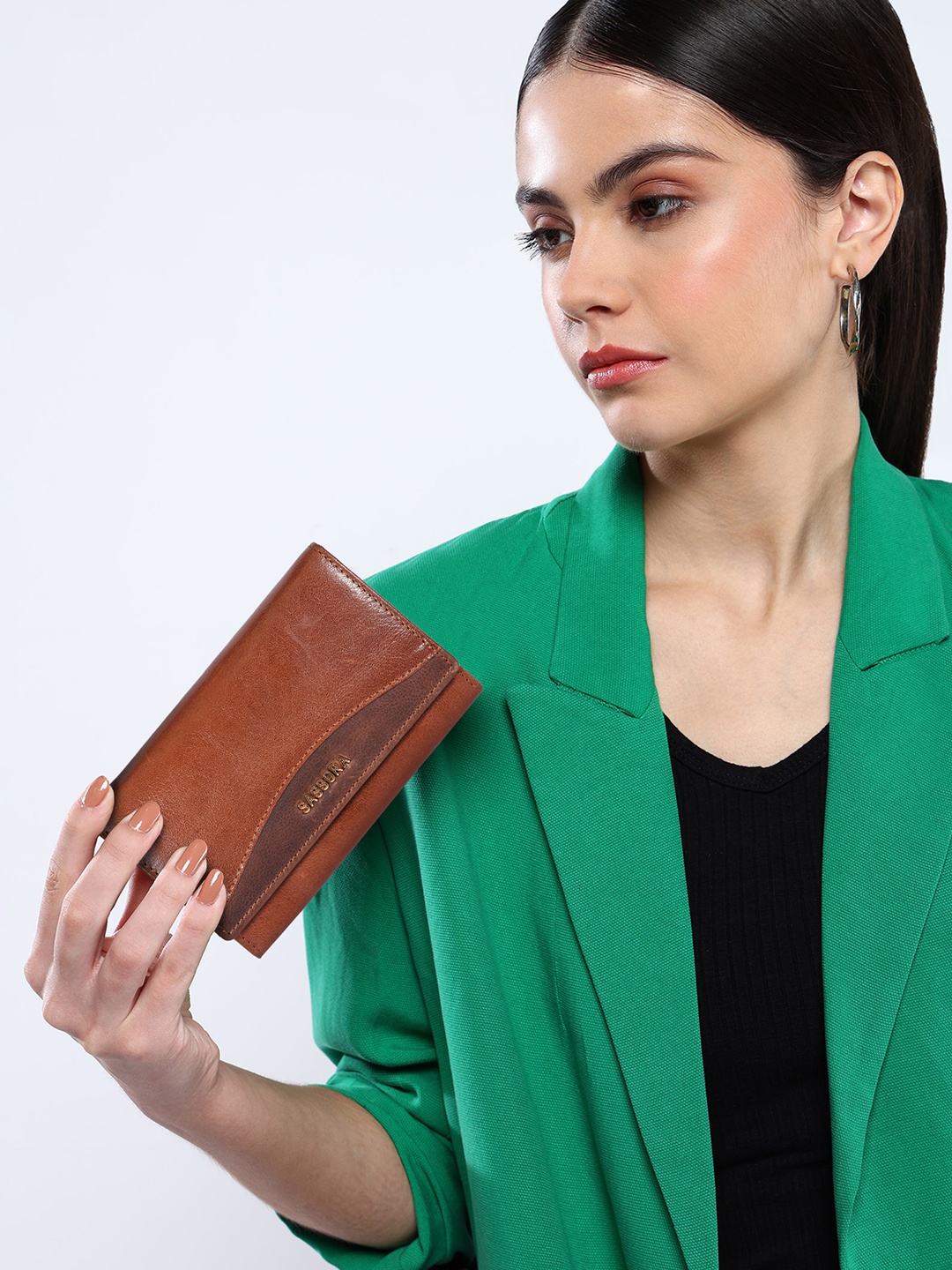 

Sassora Women Textured Cut Work Leather Two Fold Wallet, Brown