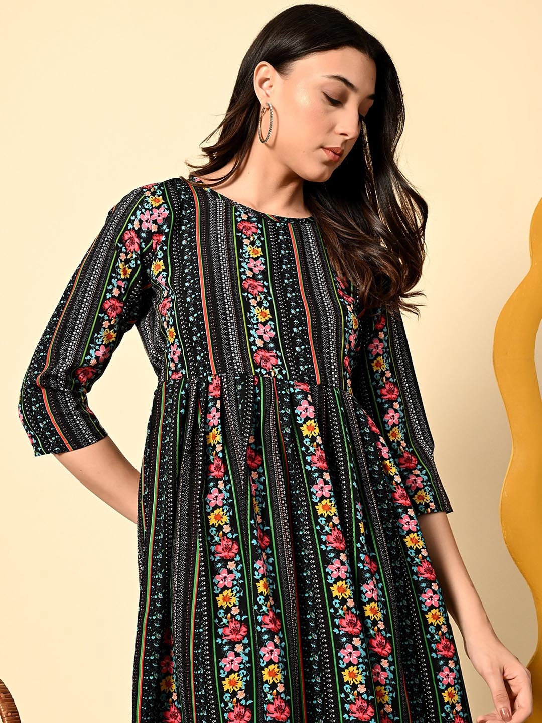 

aaivan Floral Printed Round Neck Gathered Pleated Midi Ethnic Dresses, Black