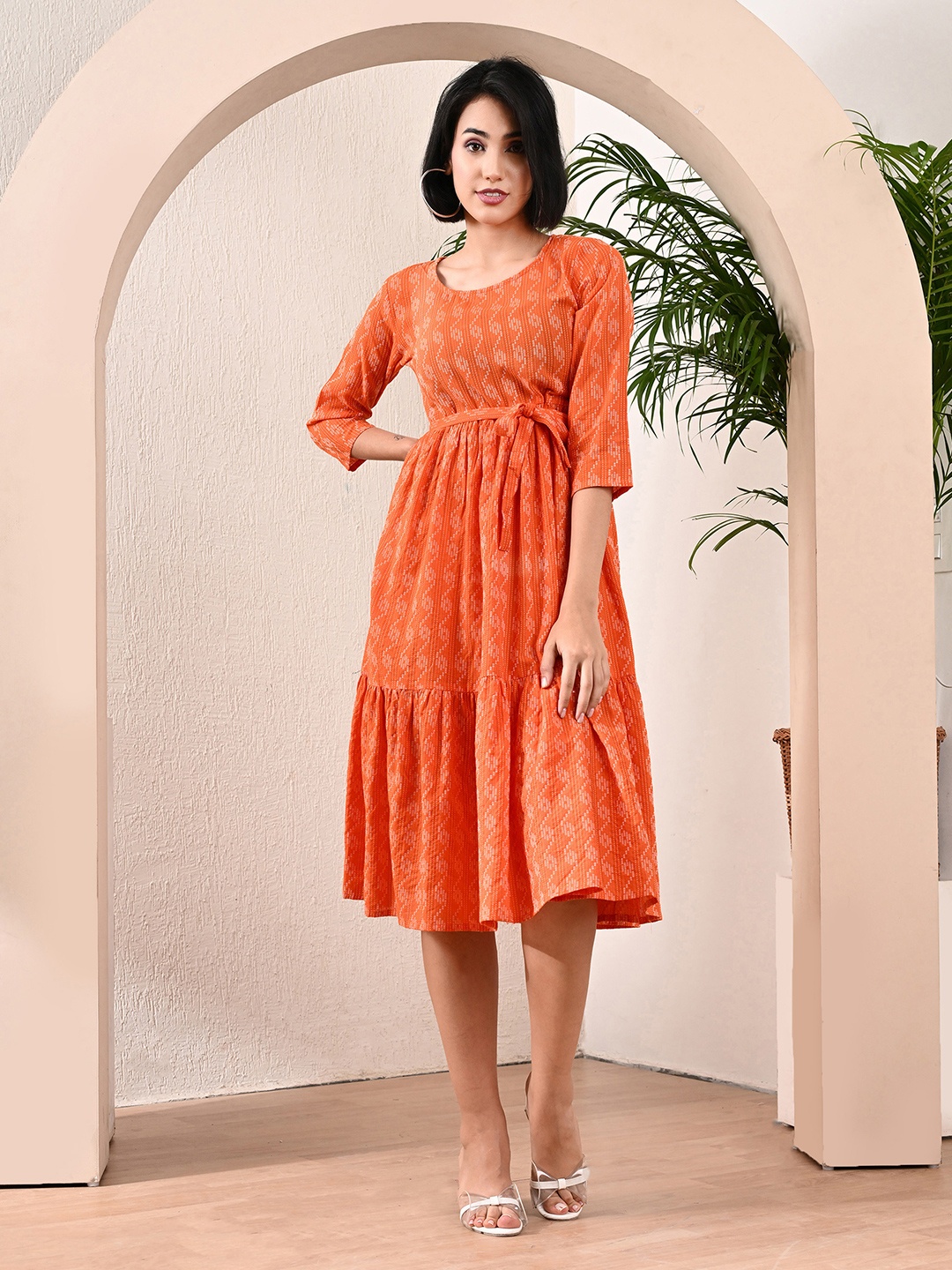 

aaivan Geometric Printed Round Neck Tiered Cotton A-Line Midi Ethnic Dress, Orange