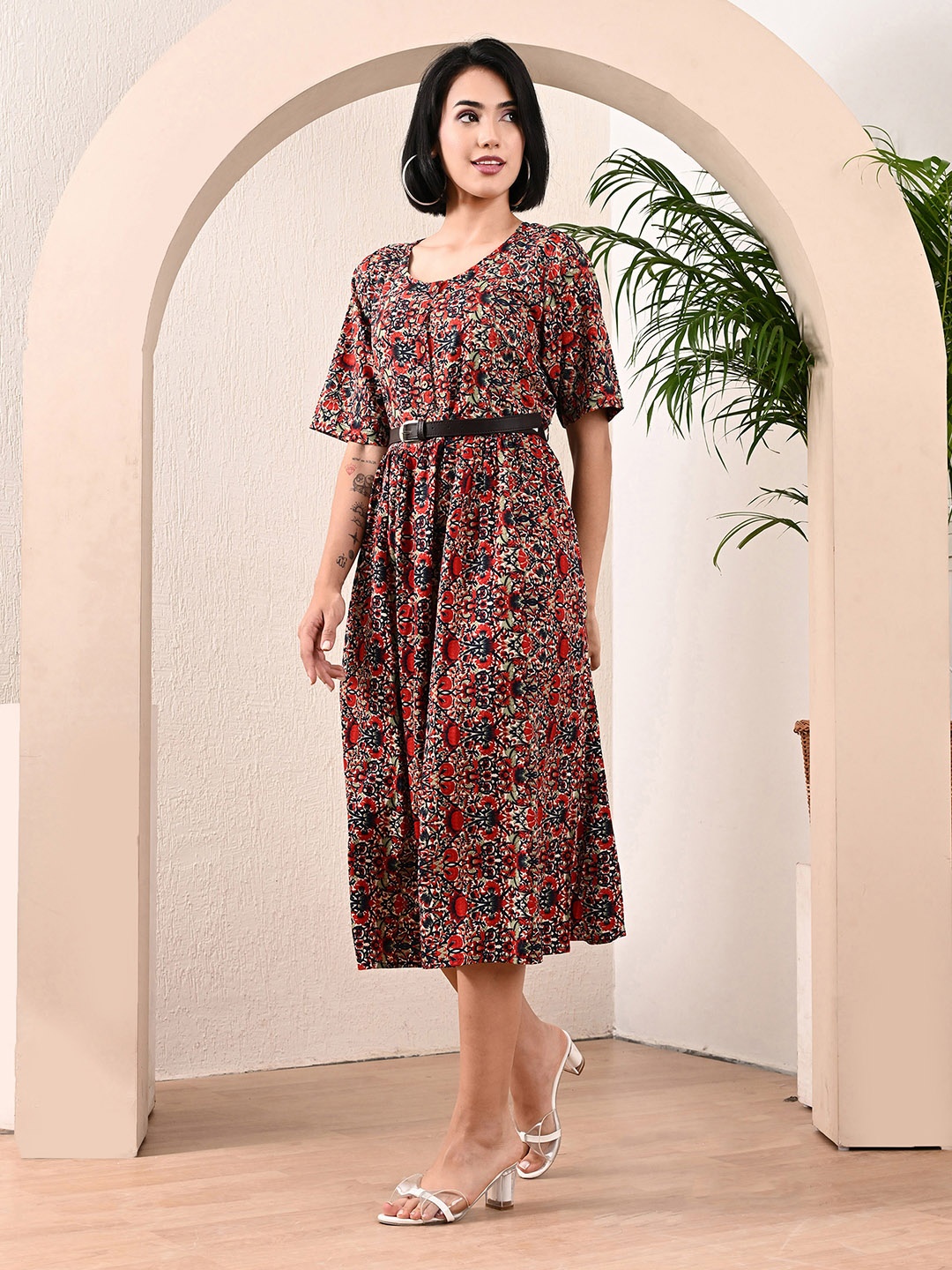 

aaivan Floral Printed Round Neck Short Sleeves Gathered Midi Ethnic Dresses, Black