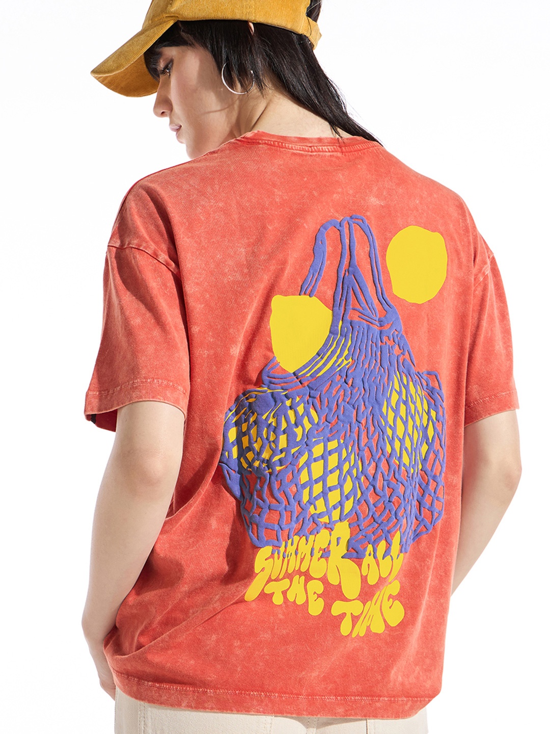 Bewakoof Women Graphic Printed Round Neck Cotton Oversized T-shirt, Orange