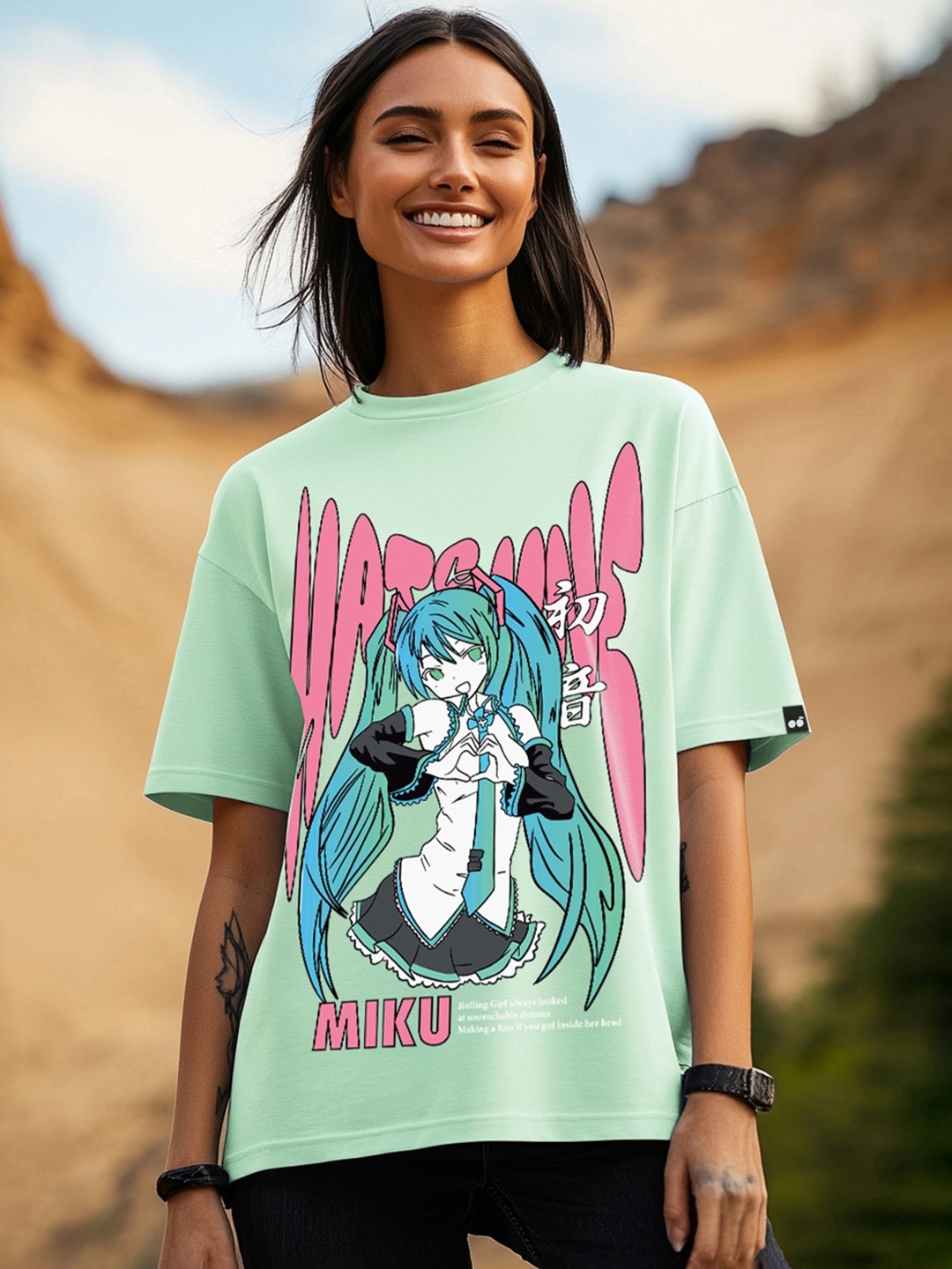 

Bewakoof Women Graphic Printed Round Neck Cotton Oversized T-shirt, Green
