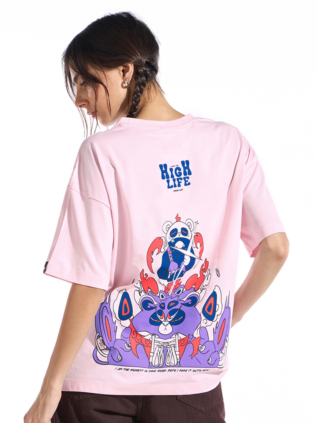 

Bewakoof Women Graphic Printed Round Neck Cotton Oversized T-shirt, Pink