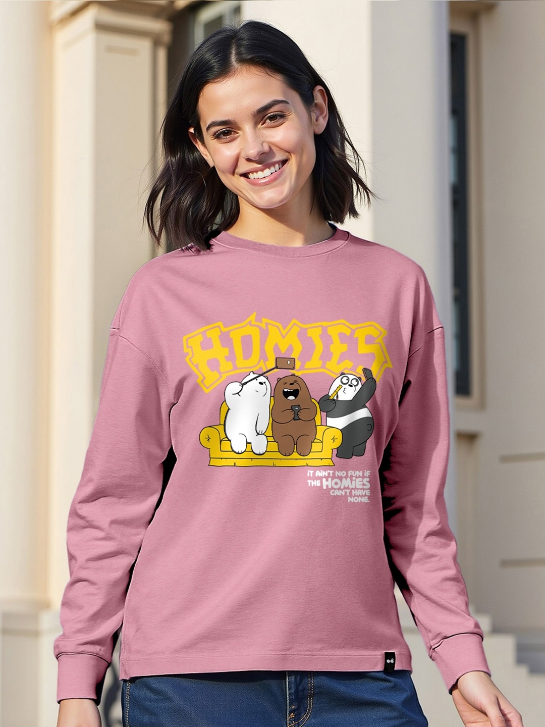 

Bewakoof Women Graphic Printed Round Neck Cotton Oversized T-shirt, Pink