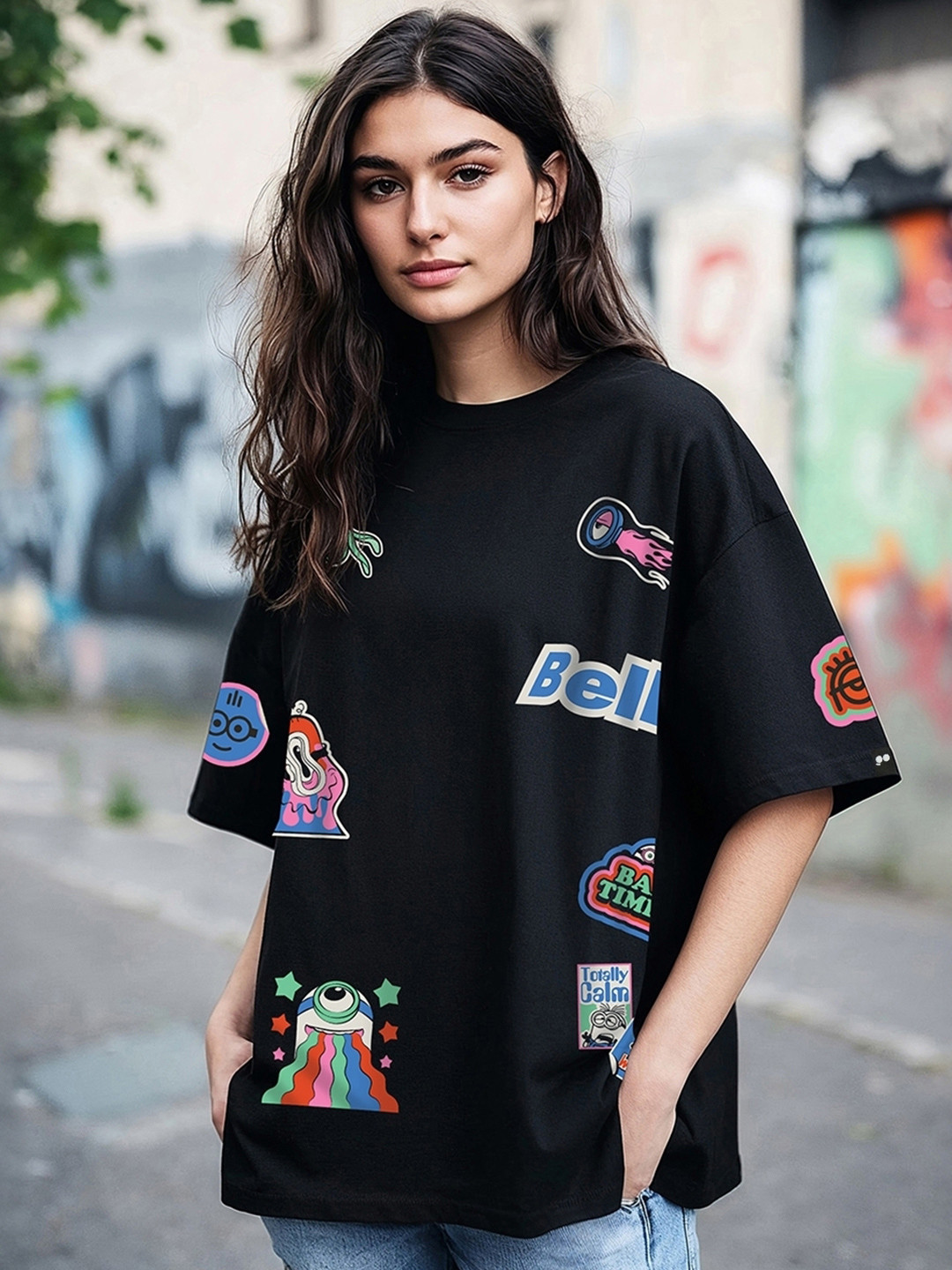 

Bewakoof Women Graphic Printed Round Neck Cotton Oversized T-shirt, Black