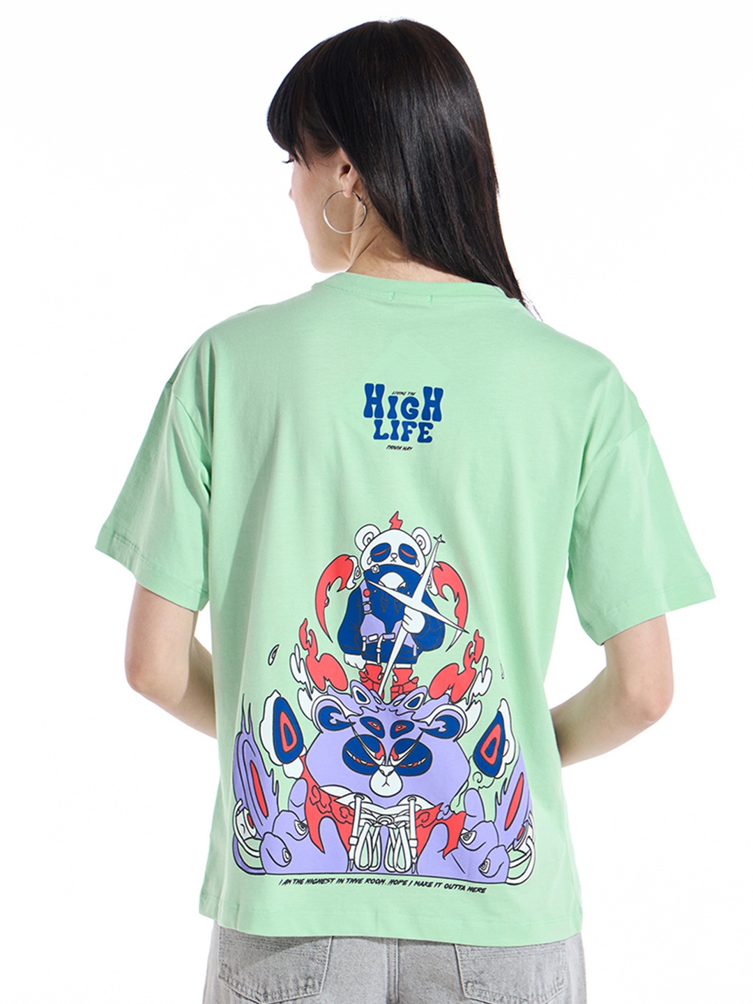 

Bewakoof Women Graphic Printed Round Neck Cotton Oversized T-shirt, Green