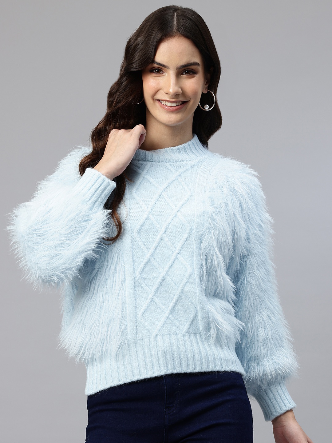 

One Femme Cable Knit Woollen Pullover with Fuzzy Detail, Blue