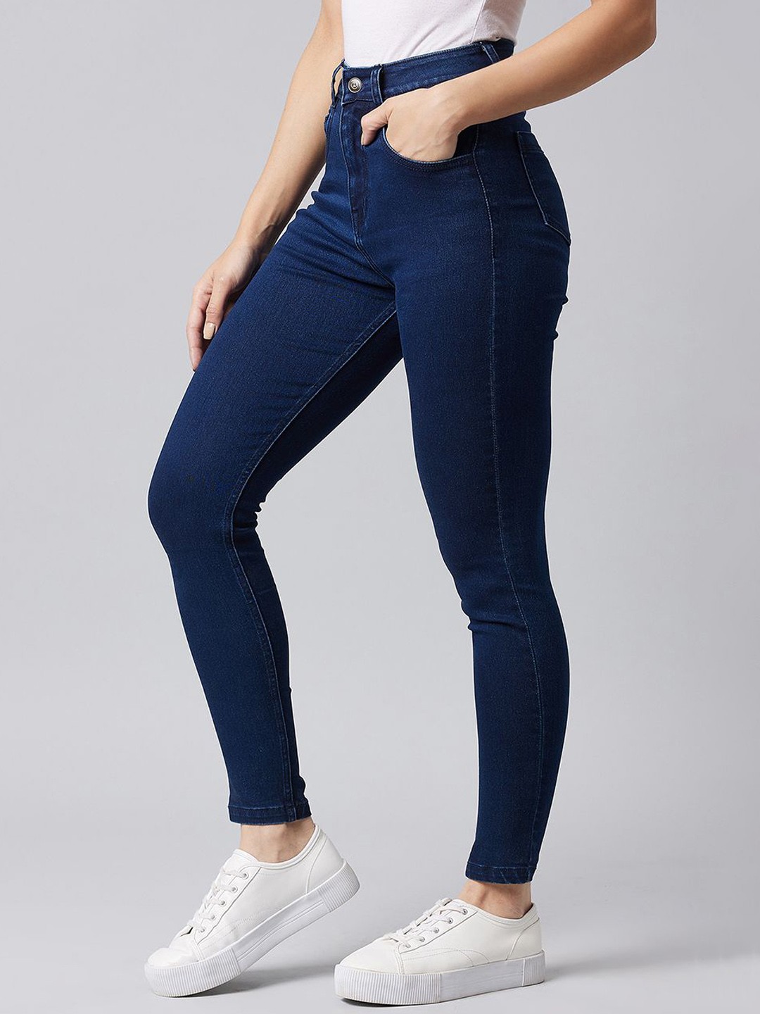 

DOLCE CRUDO Skinny High Rise Clean Look Regular Stretchable Denim Jeans, Navy blue
