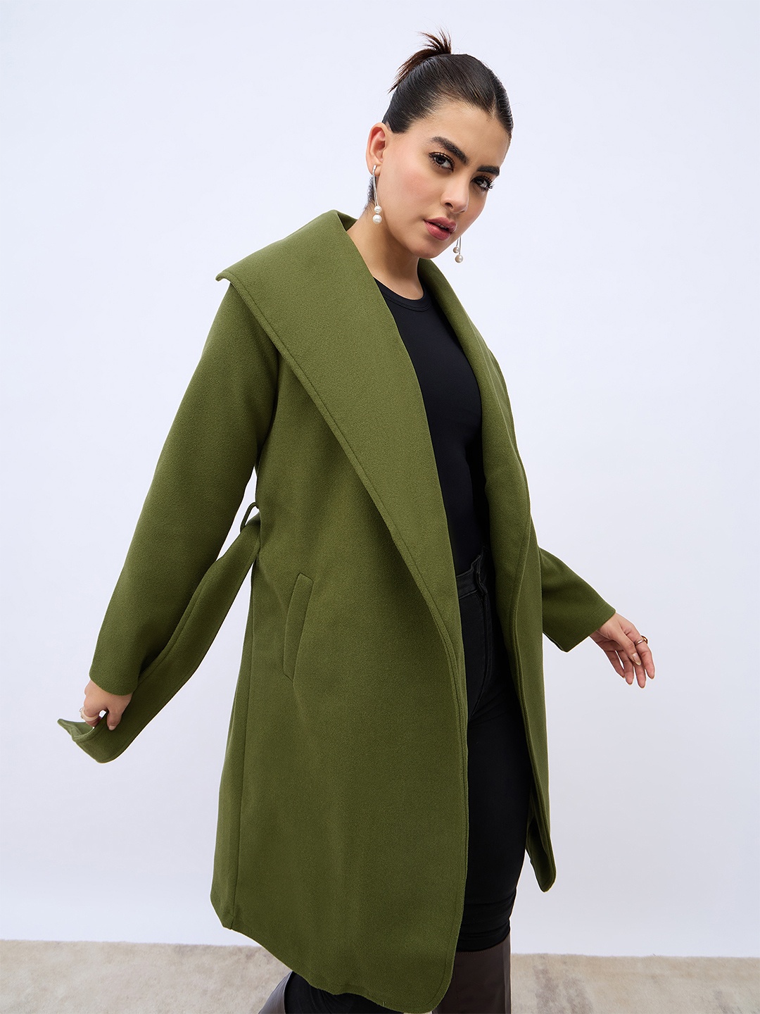 

Styli Women Solid Belted Longline Wool Look Coat, Olive