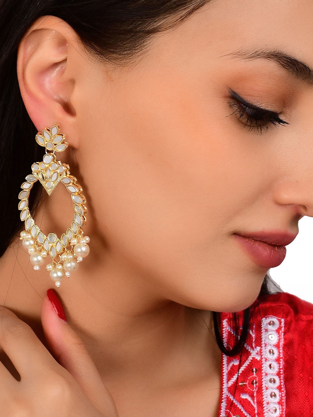 GRLIE Mirror Work & Beaded Contemporary Drop Earrings, Gold