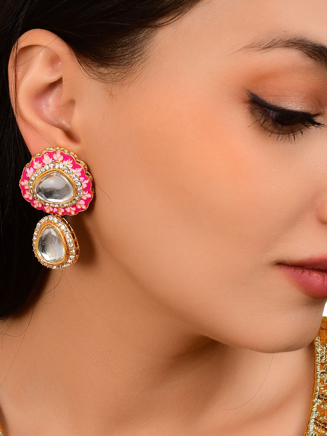 

GRLIE Kundan Studded Teardrop Shaped Drop Earrings, Gold