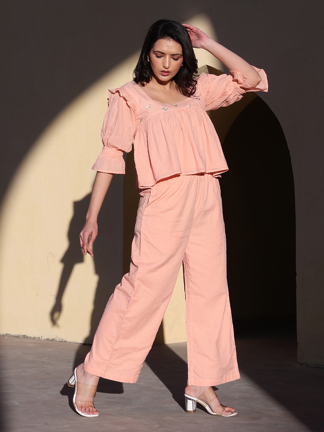 

CUSTARD Self Design Pure Cotton Top With Trousers, Peach