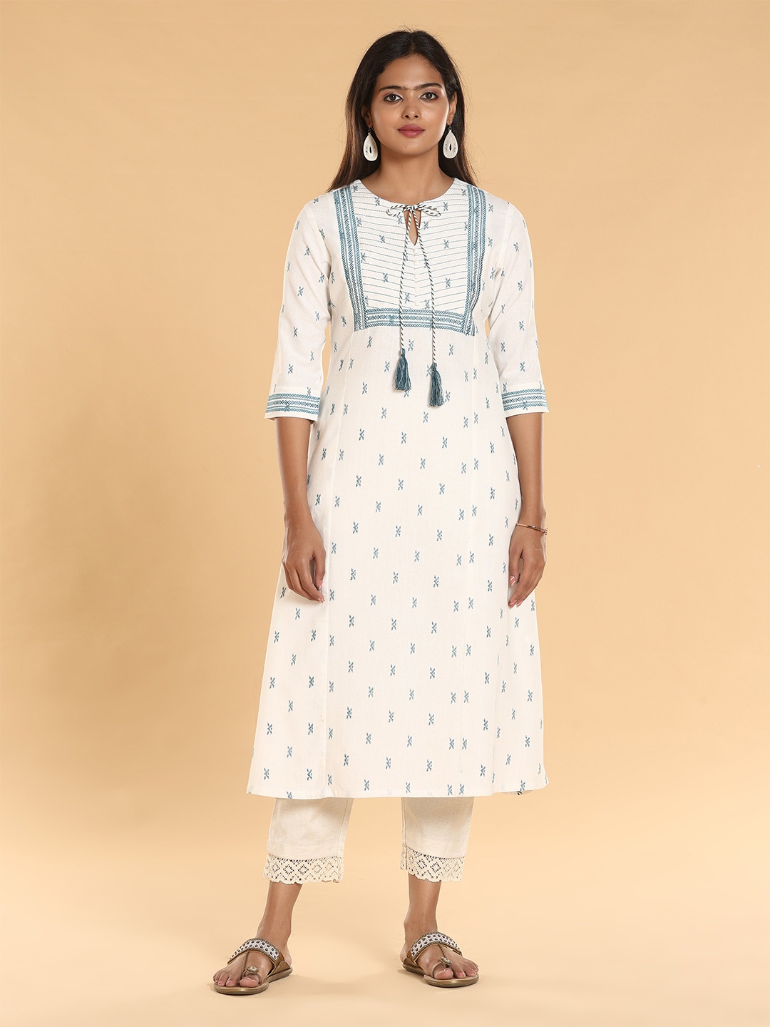 

Vismay Women Printed Pure Cotton Tie-Up Neck Three-Quarter Sleeves Kurta, White