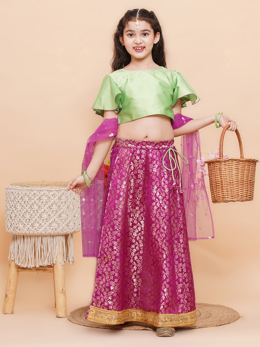 

Aj DEZInES Girls Floral Woven Design Ready to Wear Lehenga & Blouse With Dupatta, Purple