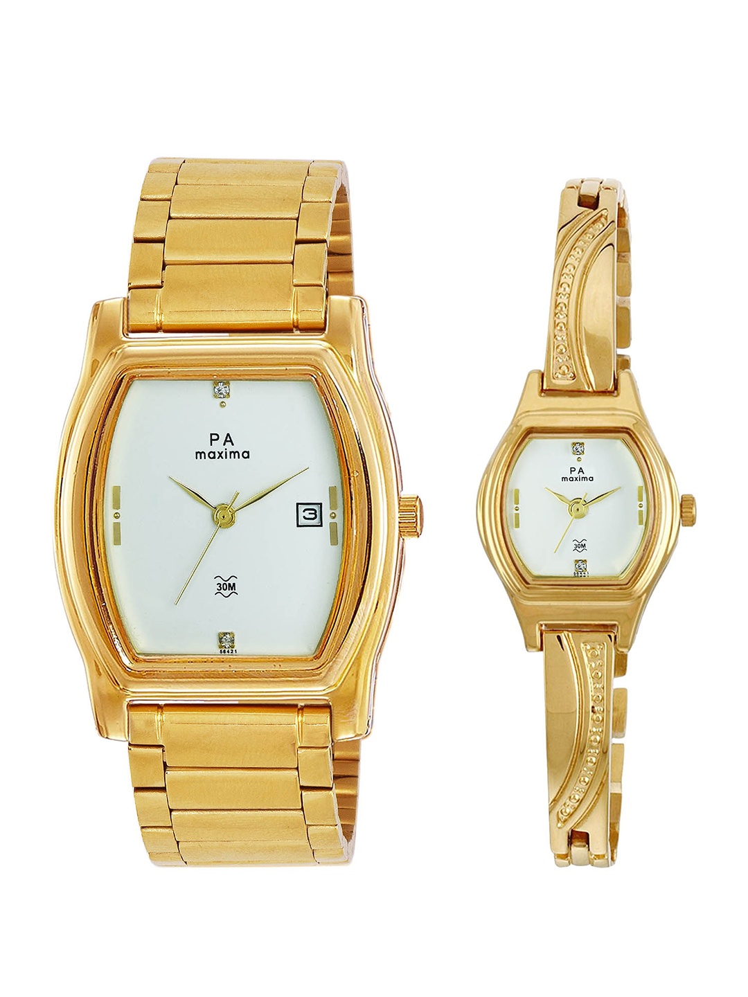 

maxima Unisex Gold Embellished Bracelet Style Analogue His & Her Watch 56421 56441BMPY, White