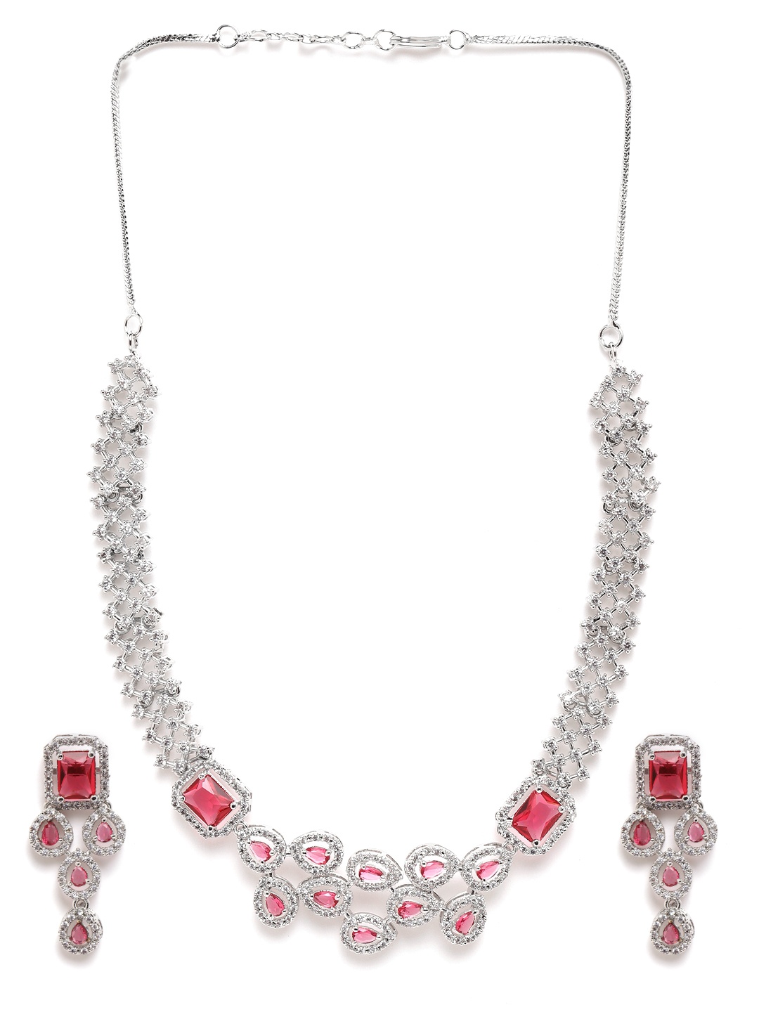 

StileAdda Silver Plated AD Studded Necklace & Earrings Set, Red