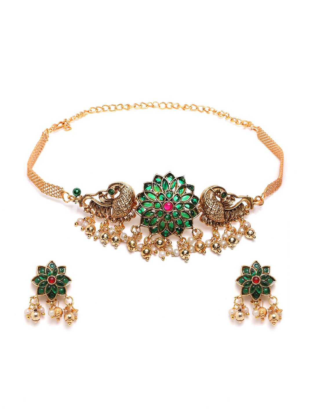 

StileAdda Gold Plated Floral Choker With Earrings Set, Green
