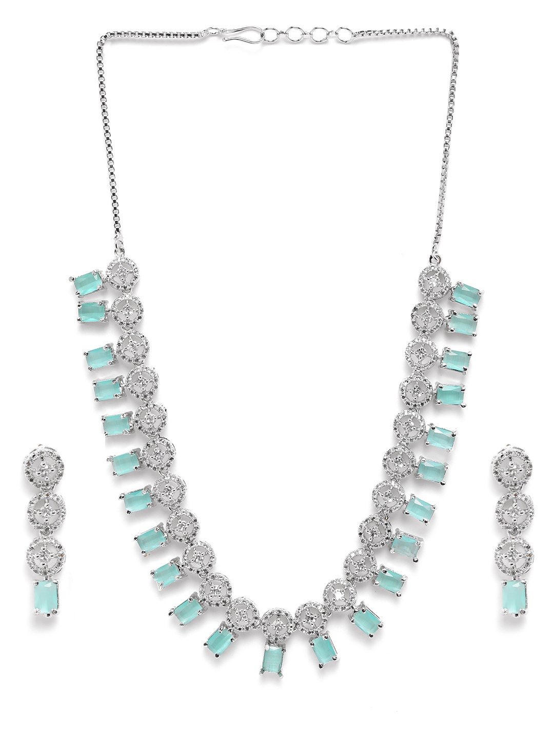 

StileAdda Silver Plated AD Studded Necklace & Earrings Set, Turquoise blue