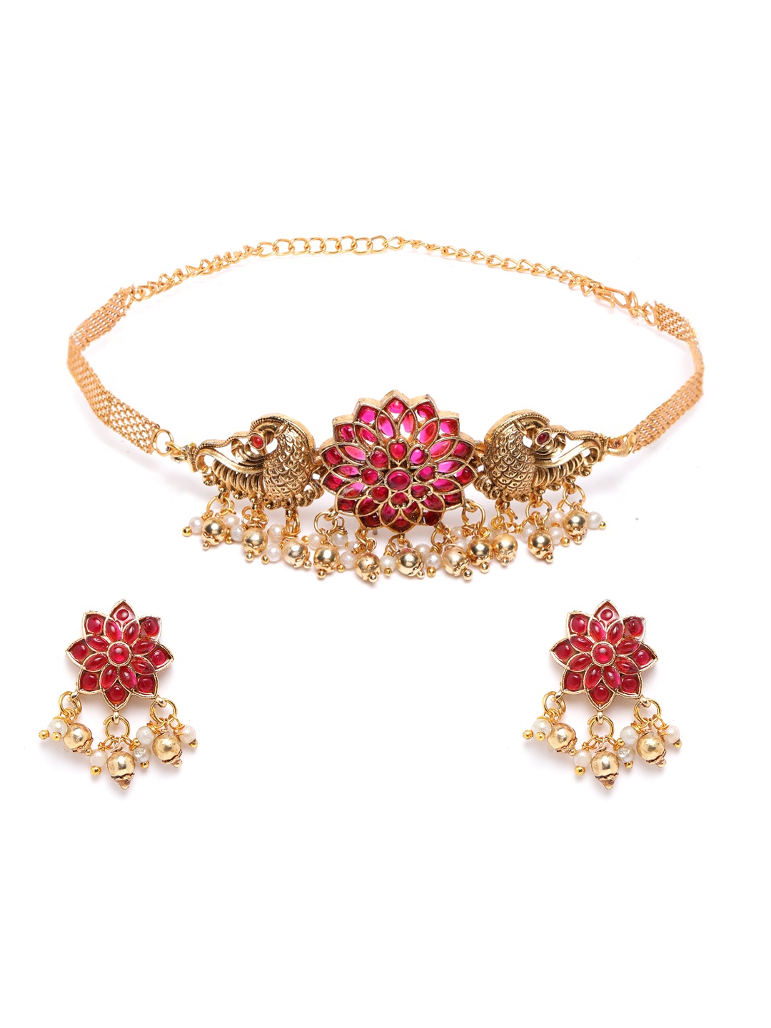 

StileAdda Gold Plated Floral Choker With Earrings Set, Red