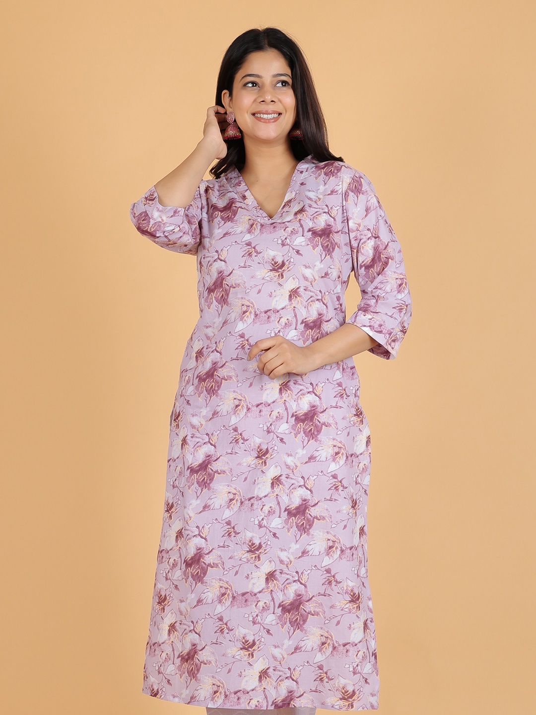 Aramya Floral Printed V-Neck Pure Cotton Straight Kurta, Purple