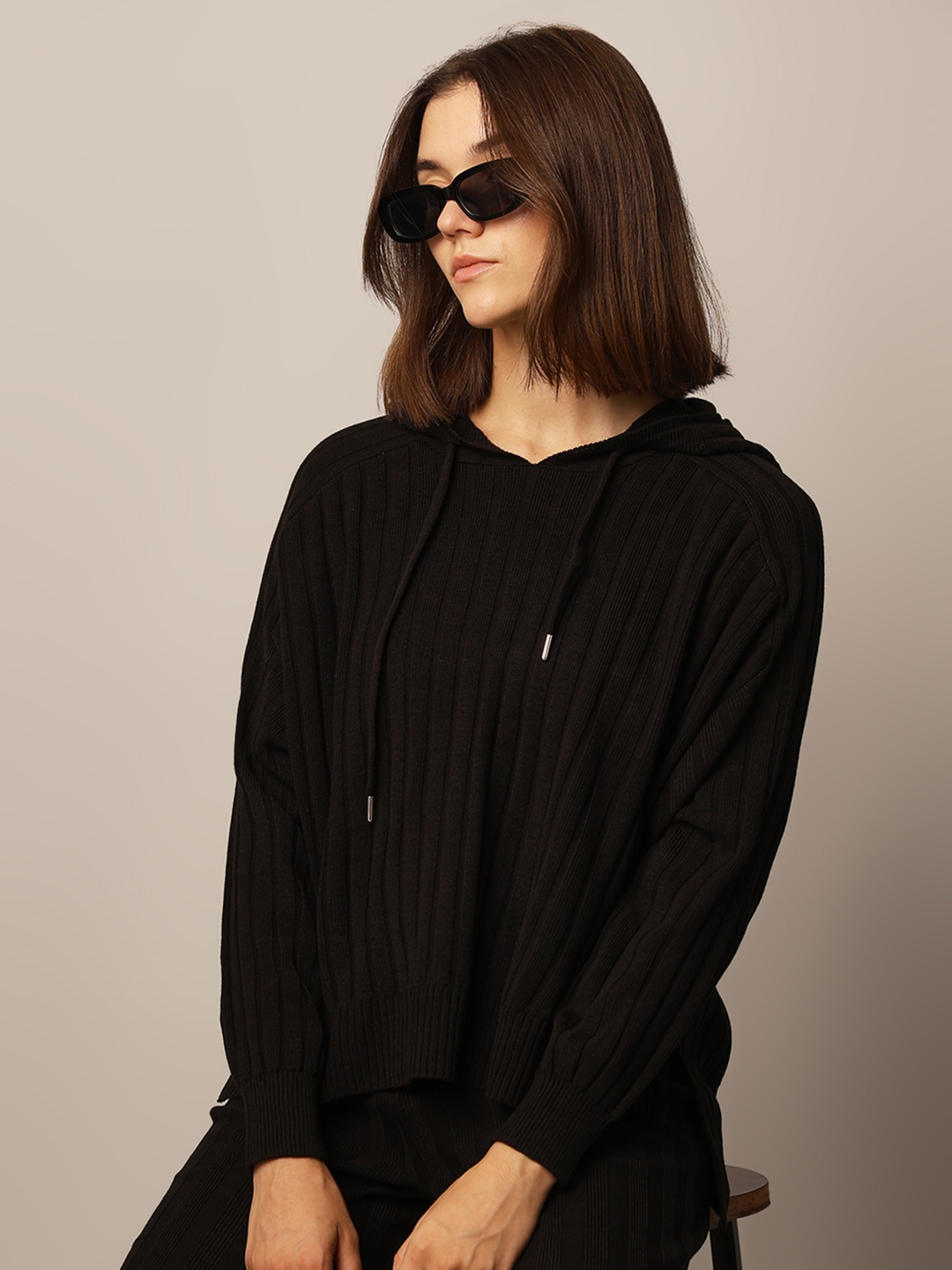 

ONLY Women Cable Knit Ribbed Hooded Sweater, Black