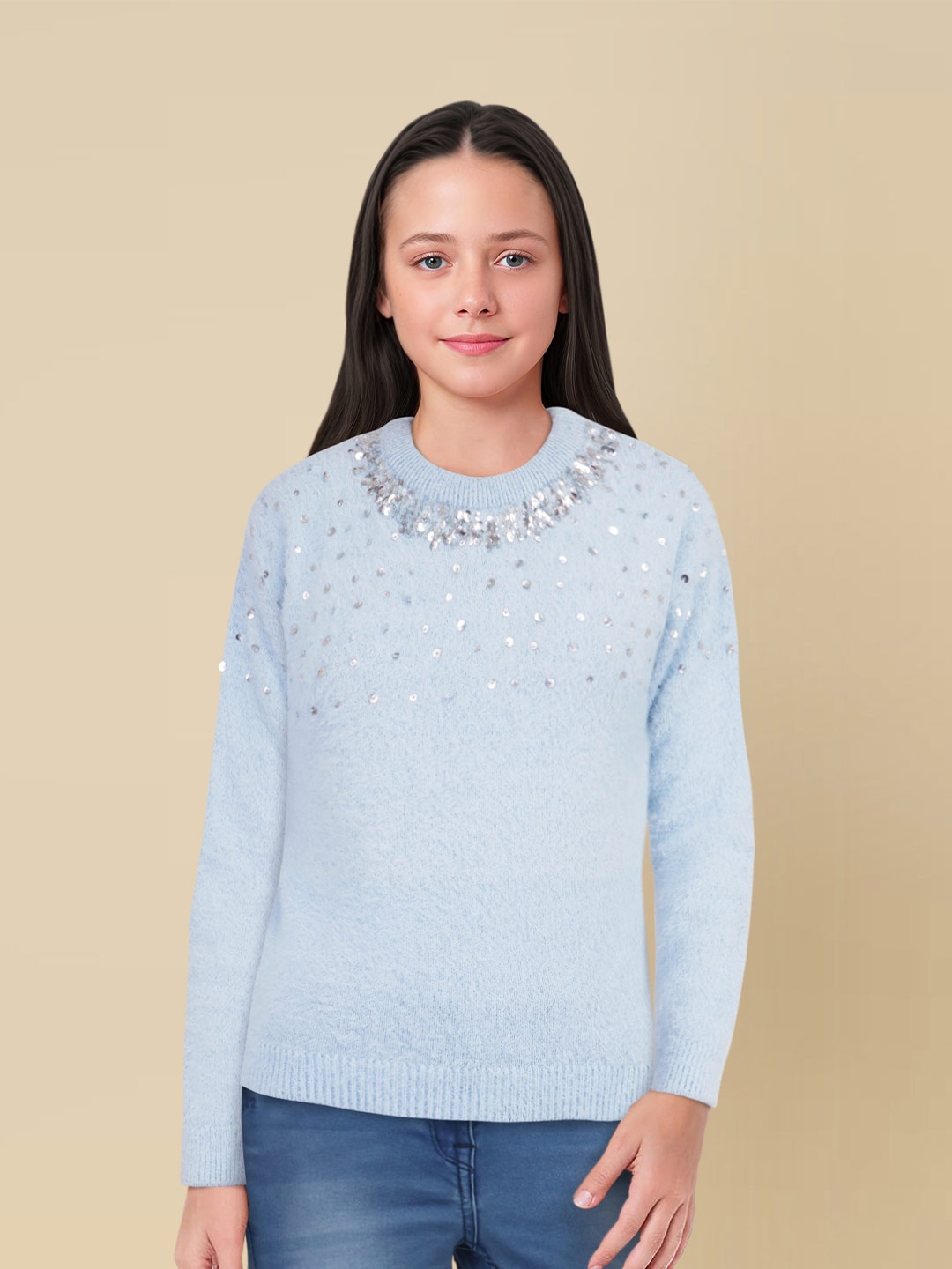 

Allen Solly Junior Girls Embroidered Pullover with Embellished Sweater, Blue