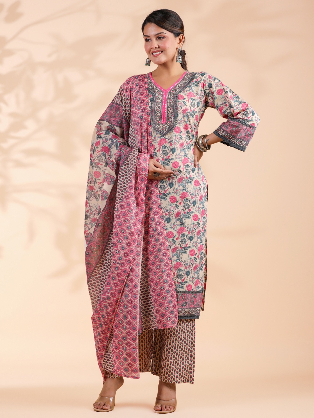 

Vbuyz Floral Printed Regular Sequinned Pure Cotton Kurta With Palazzos & Dupatta, Pink