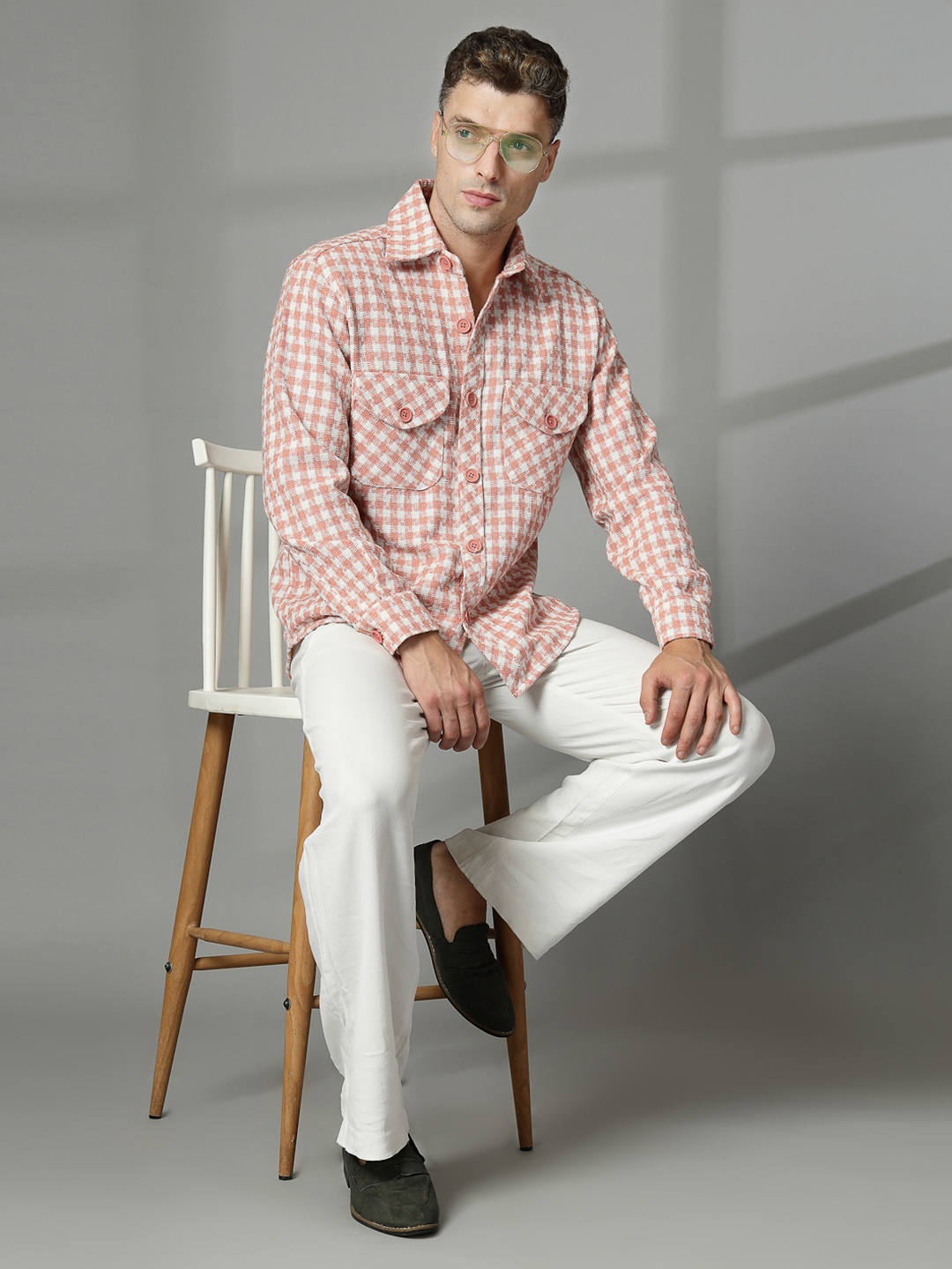 

CHKOKKO Men Checked Wool Full Sleeves Spread Collar Single-Breasted Shacket, Peach