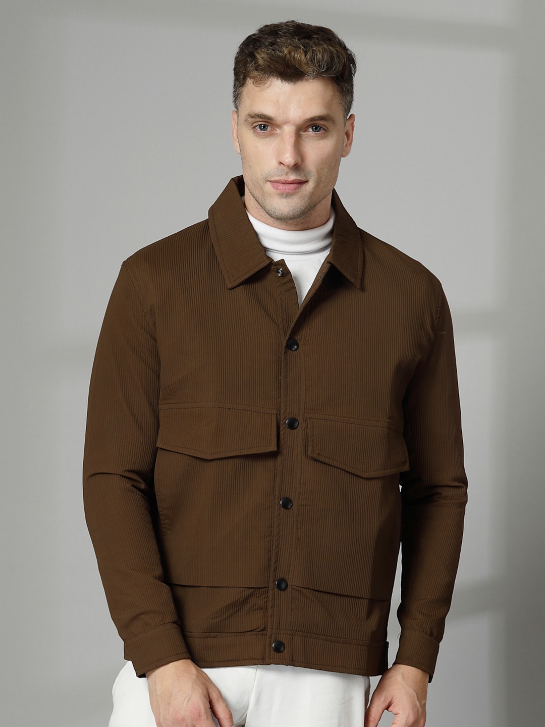 

CHKOKKO Men Solid Tailored Jacket, Coffee brown