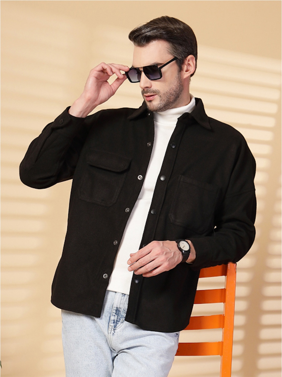

CHKOKKO Men Single-Breasted Long Sleeves Shacket, Black