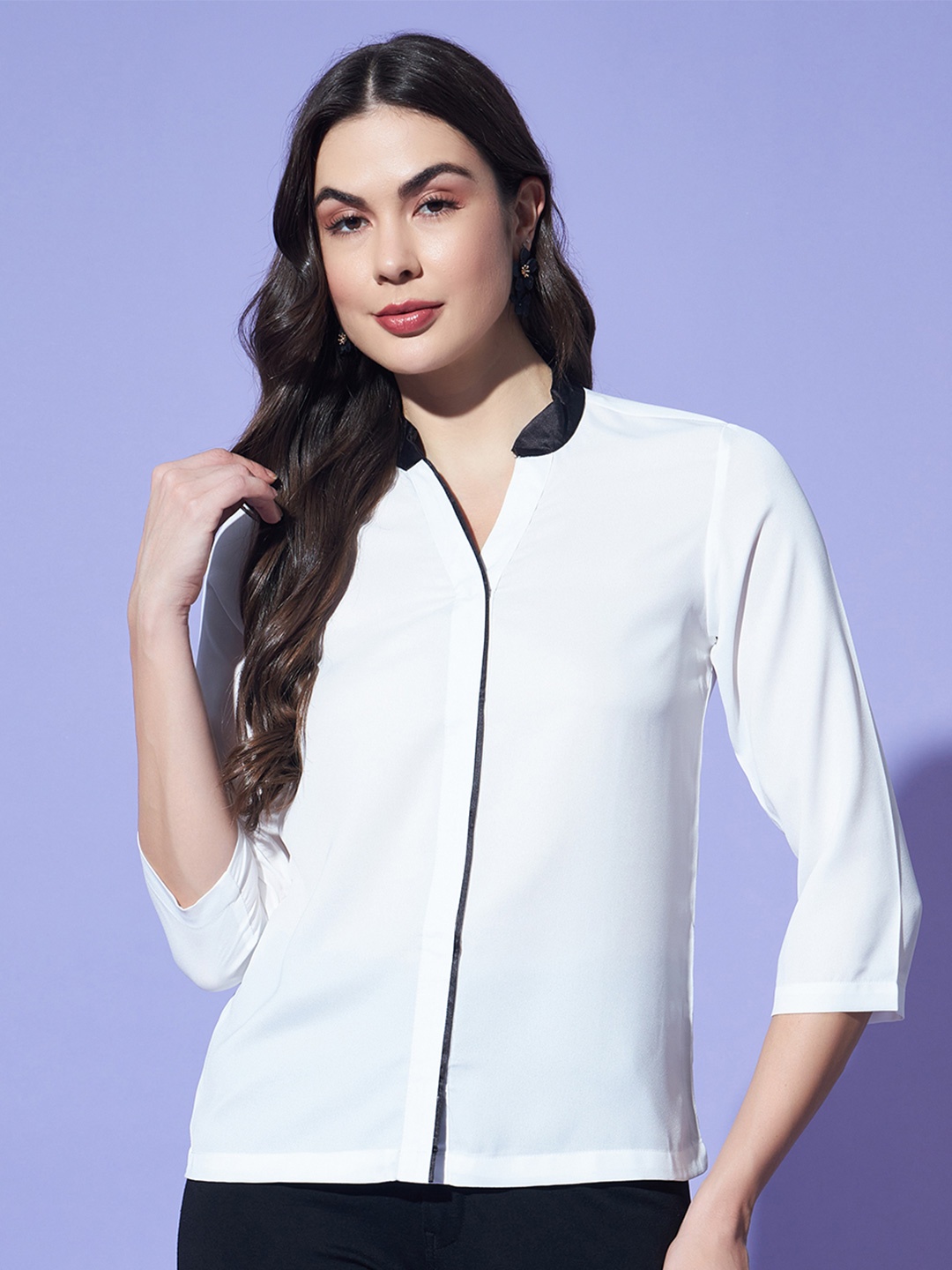 Trend Arrest Women Comfort Mandarin Collar Formal Shirt, White