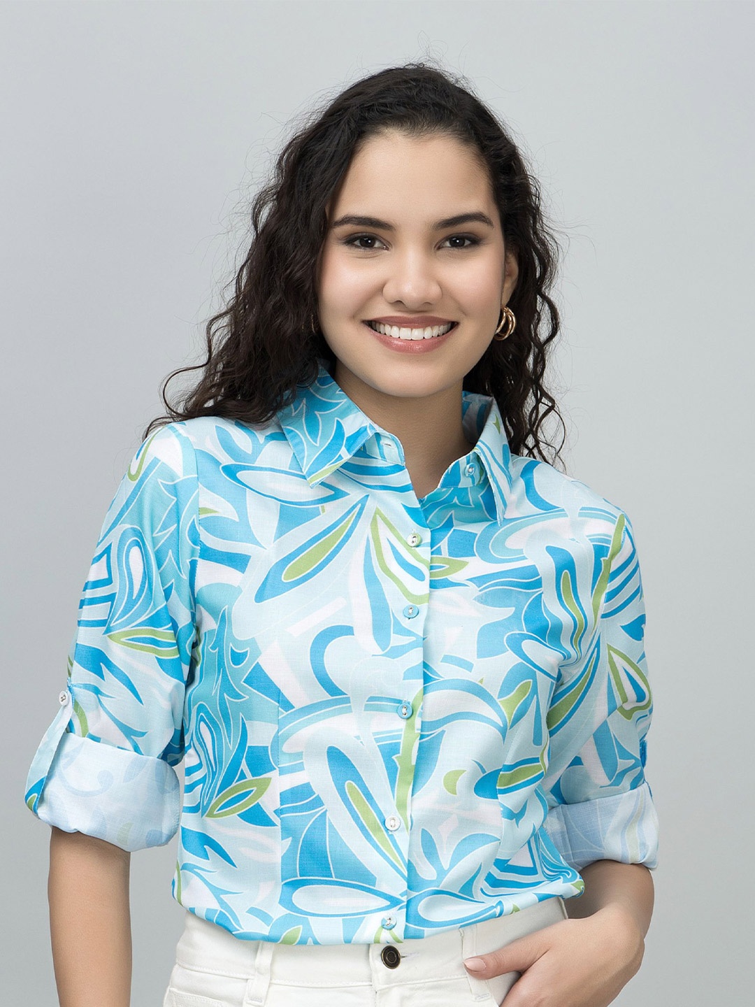 

PURYS Women Standard Spread Collar Abstract Printed Casual Shirt, Turquoise blue