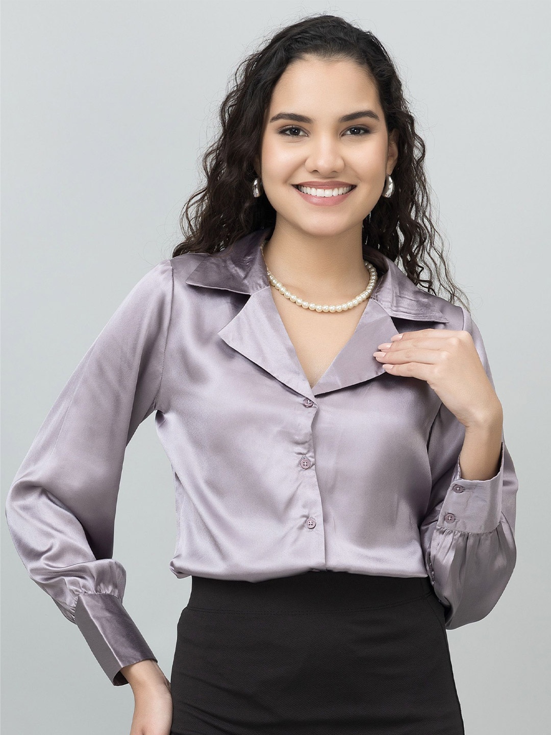 

PURYS Women Standard Cuban Collar Solid Casual Shirt, Lavender
