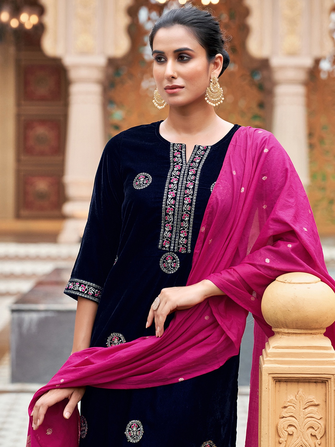 

KALINI Floral Embroidered Notch Neck Velvet Straight Kurta With Trousers & Dupatta, Blue