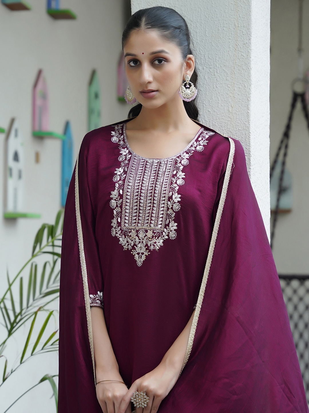 

KALINI Ethnic Motifs Embroidered Kurta Set, Purple