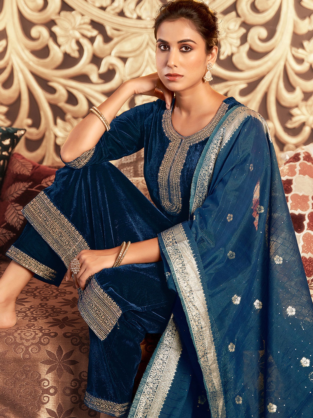 

KALINI Floral Embroidered Sequinned Velvet Kurta With Trousers & Dupatta, Blue