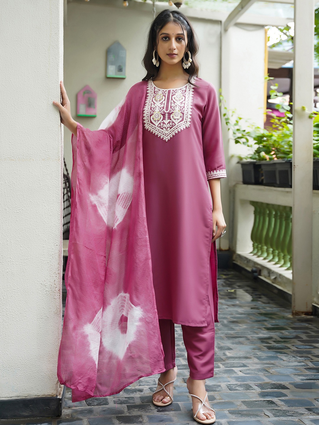 

KALINI Ethnic Motifs Embroidered Sequinned Straight Kurta With Trousers & Dupatta, Pink