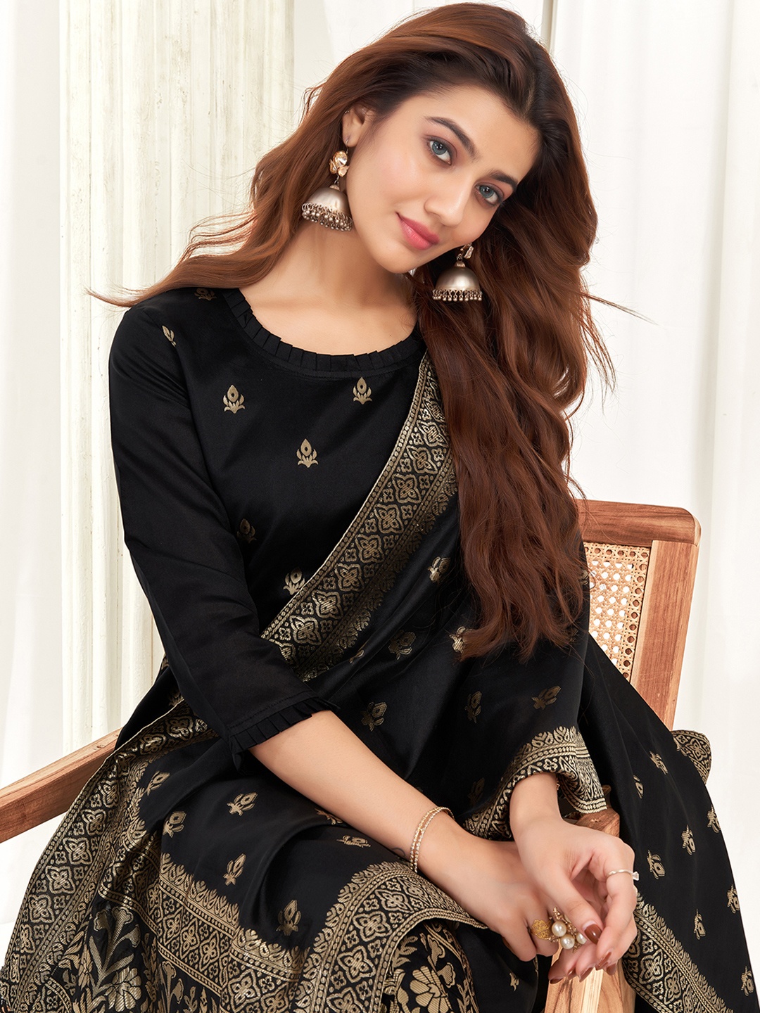 

KALINI Ethnic Motifs Woven Design Kurta With Trousers & Dupatta, Black
