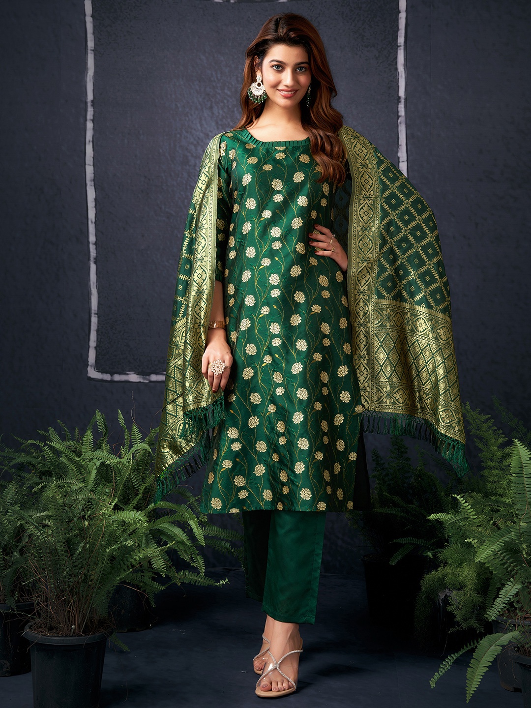 

KALINI Floral Woven Design Round Neck Straight Kurta with Trousers & Dupatta, Gold