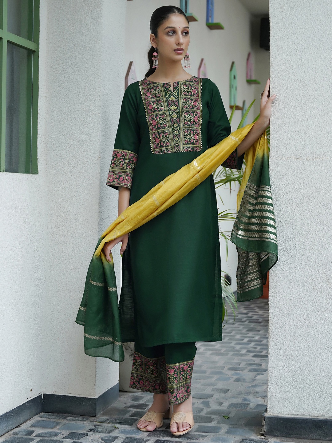 

KALINI Ethnic Motifs Yoke Design Thread Work Kurta With Trousers & Dupatta, Green