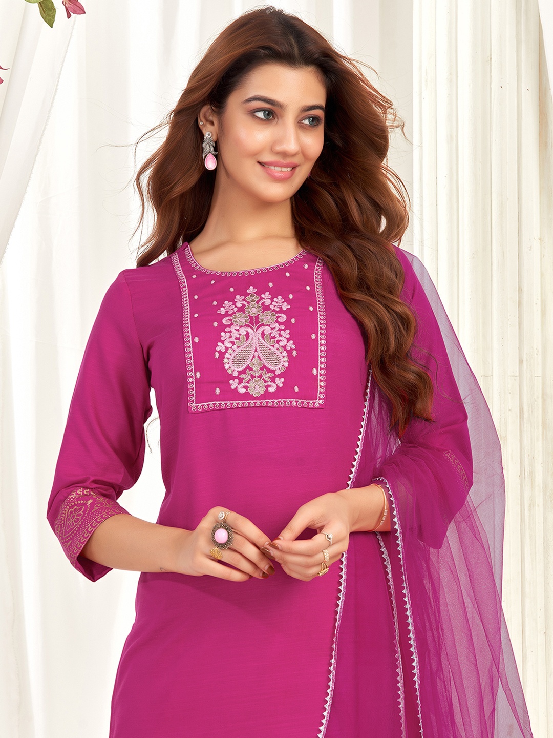 

KALINI Women Embroidered Sequinned Kurta With Trousers & Dupatta, Pink