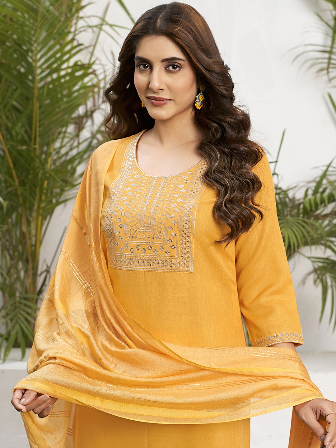 

KALINI Geometric Embroidered Sequinned Straight Kurta With Trousers & Dupatta, Yellow