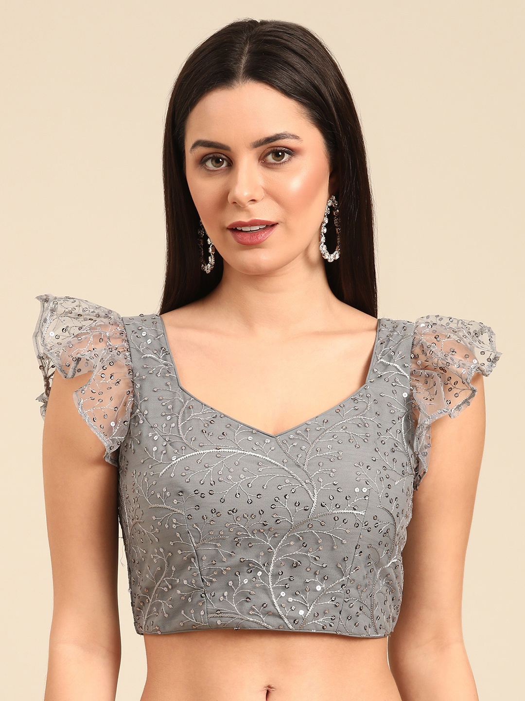 

Ethnovog Embroidered Sequinned Net Saree Blouse, Grey