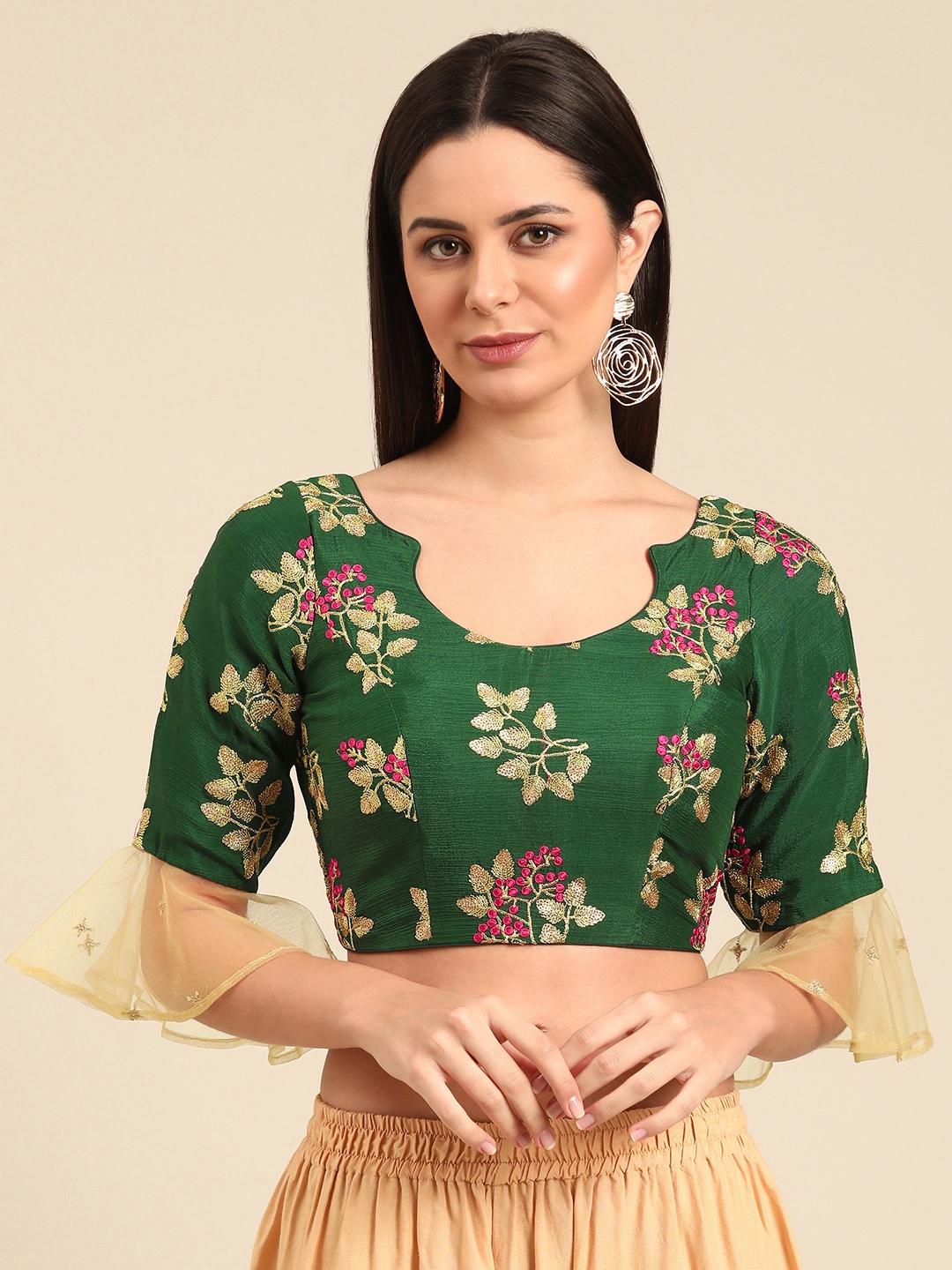 

Ethnovog Floral Embroidered Zari Saree Blouse, Green