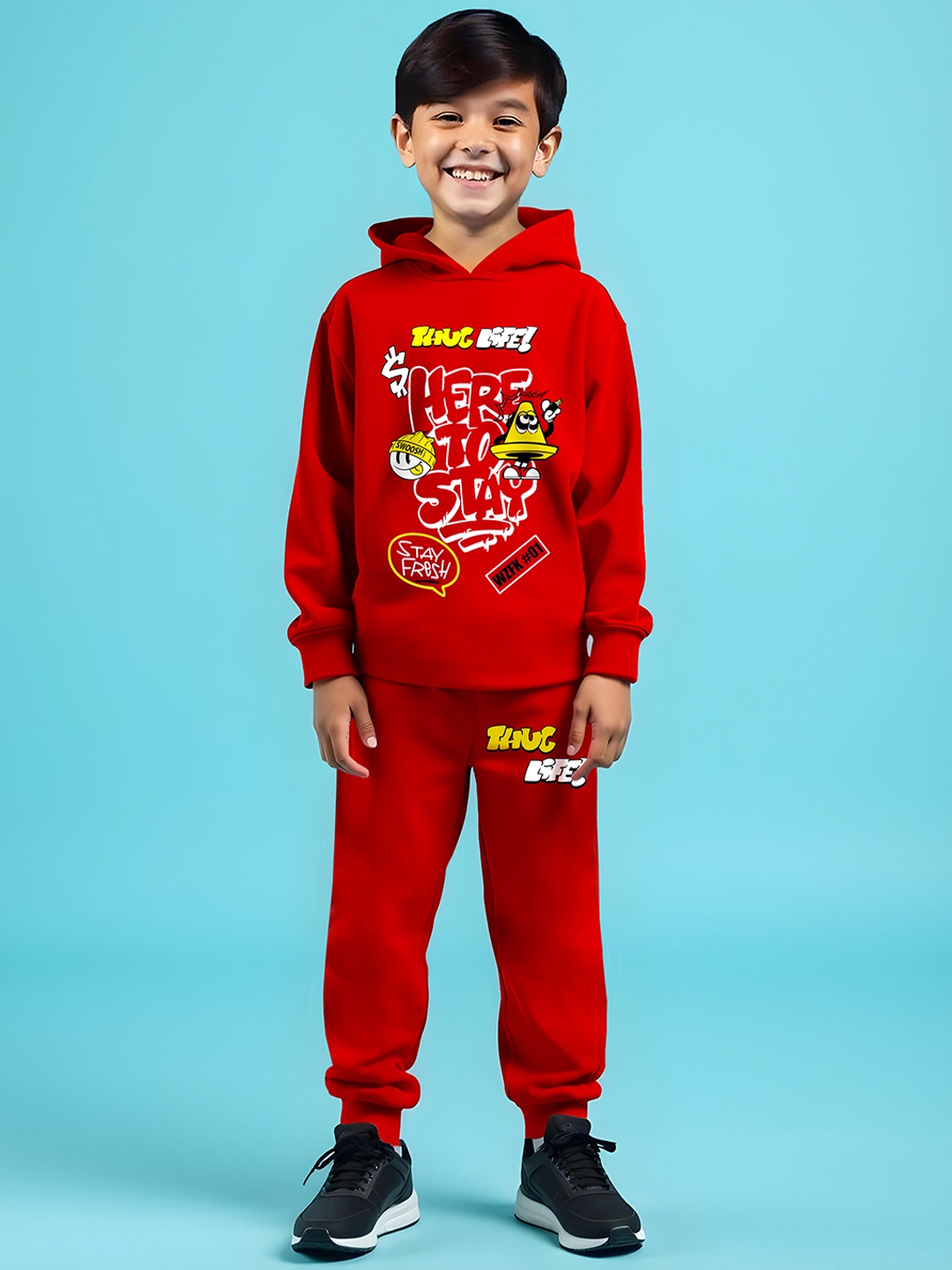 

HERE&NOW Boys Printed Hooded Long Sleeves Cotton Blend T-shirt With Trousers, Red