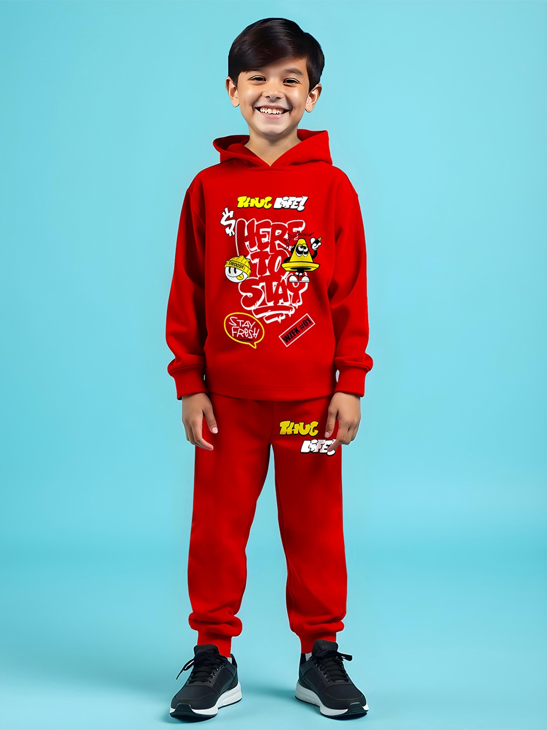 

HERE&NOW Boys Printed Hooded Long Sleeves Cotton Blend T-shirt With Trousers, Red