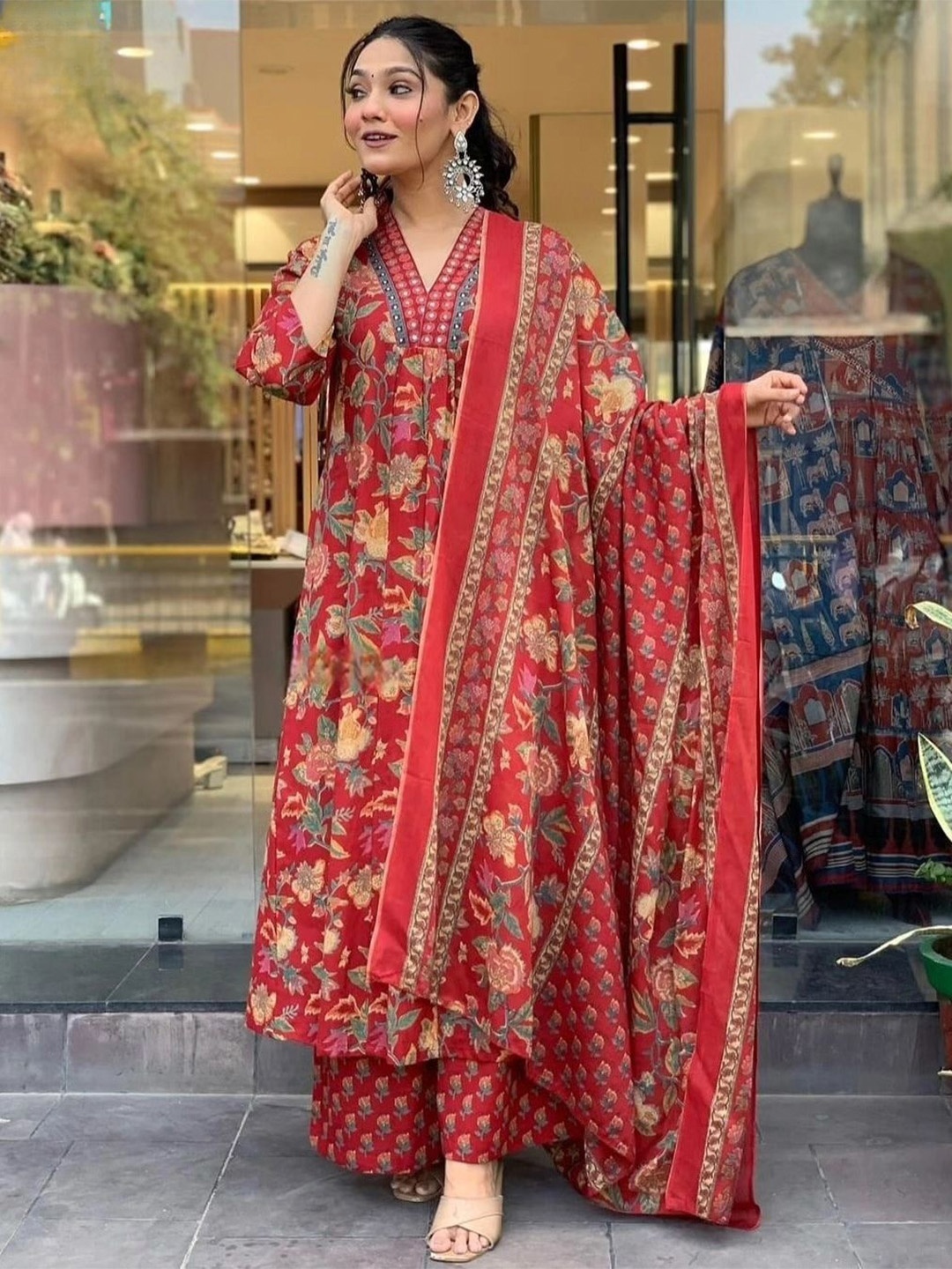 

KALINI Floral Printed Mirror Work Pure Cotton Kurta with Trousers & Dupatta, Maroon