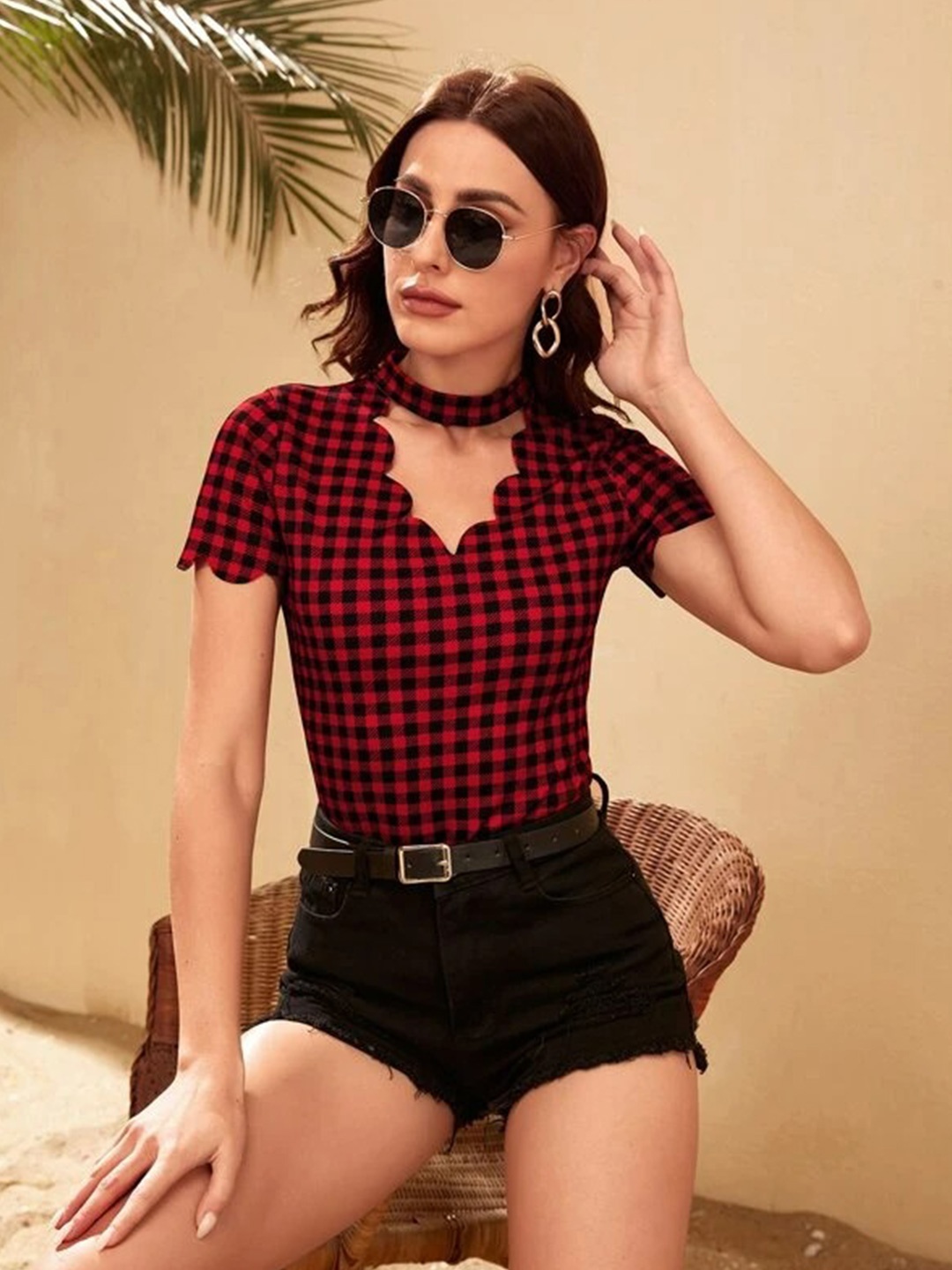 

Stylecast X Slyck V-Neck Checked Top, Red